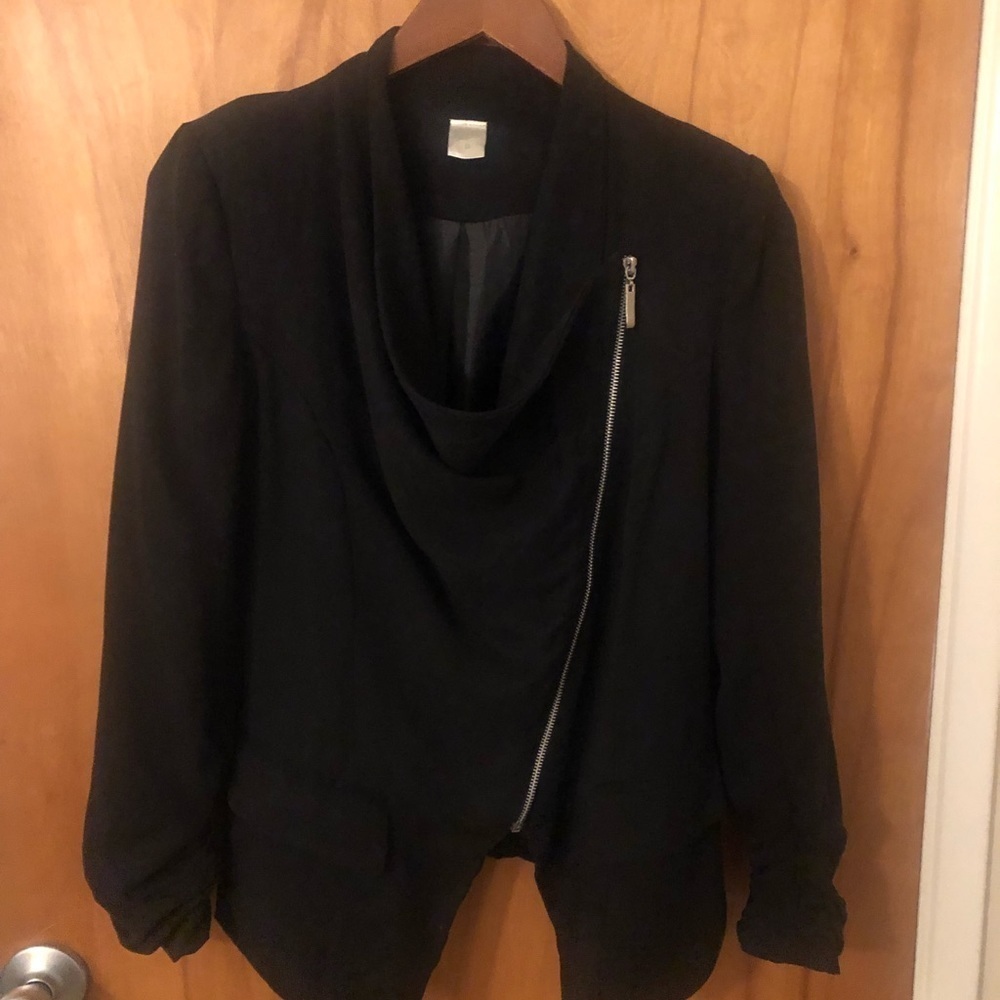 Vintage Y2k Zip up Assymetrical black blazer waterfall collar interview outfit - Picture 6 of 12